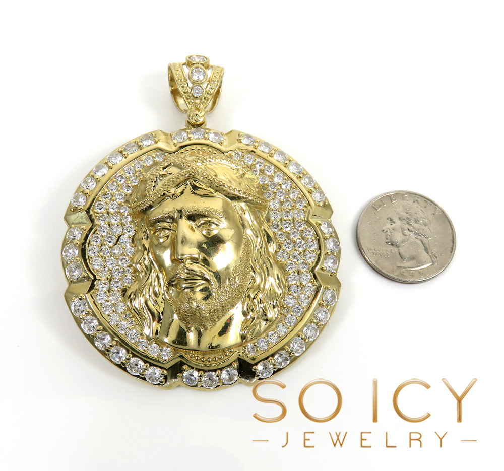 10k yellow gold cz xl jesus face pendant 6.00ct