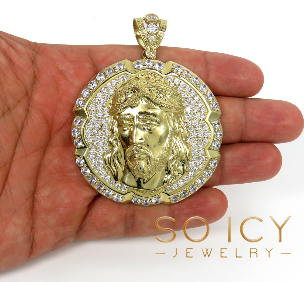 10k yellow gold cz xl jesus face pendant 6.00ct