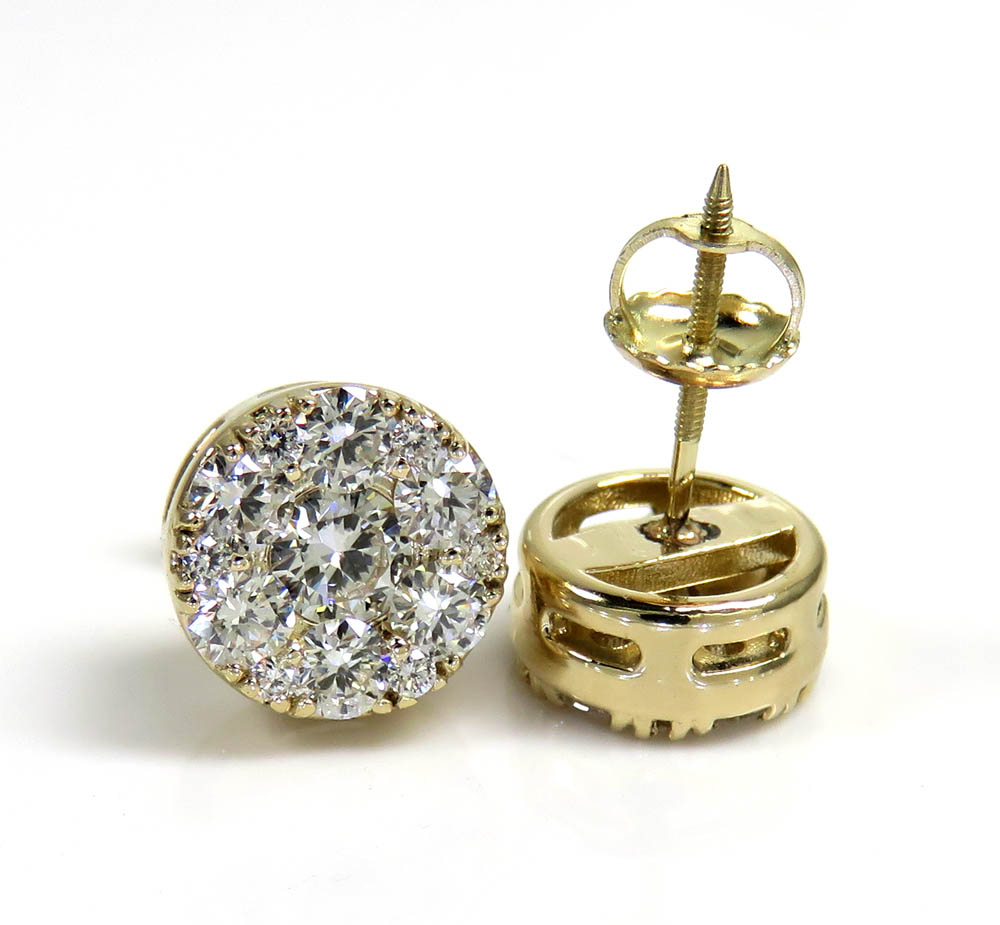 14k yellow gold round frame 26 lab grown diamond cluster 9mm earrings 1.55ct - Image 2