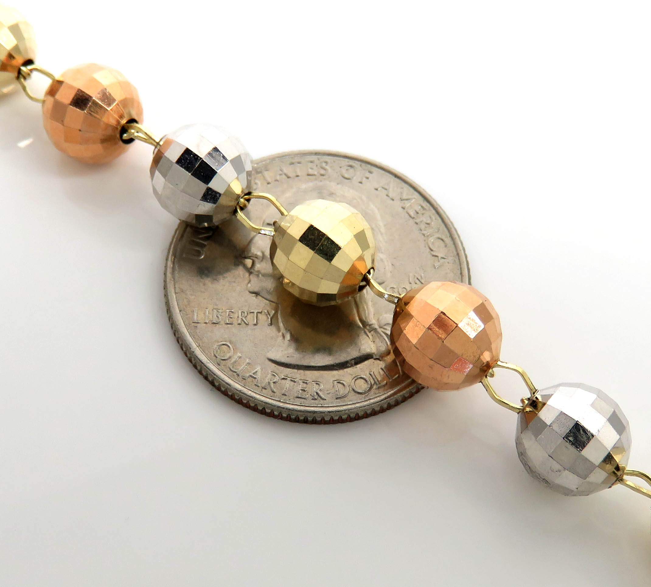 Rosary necklace 14k tri color gold diamond cut beads 30 inches 8mm - Image 5