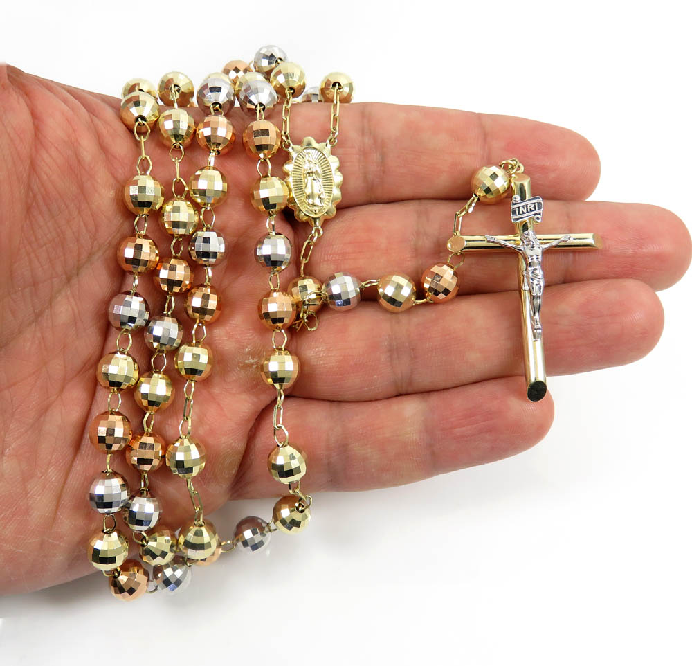 Rosary necklace 14k tri color gold diamond cut beads 30 inches 8mm - Image 6