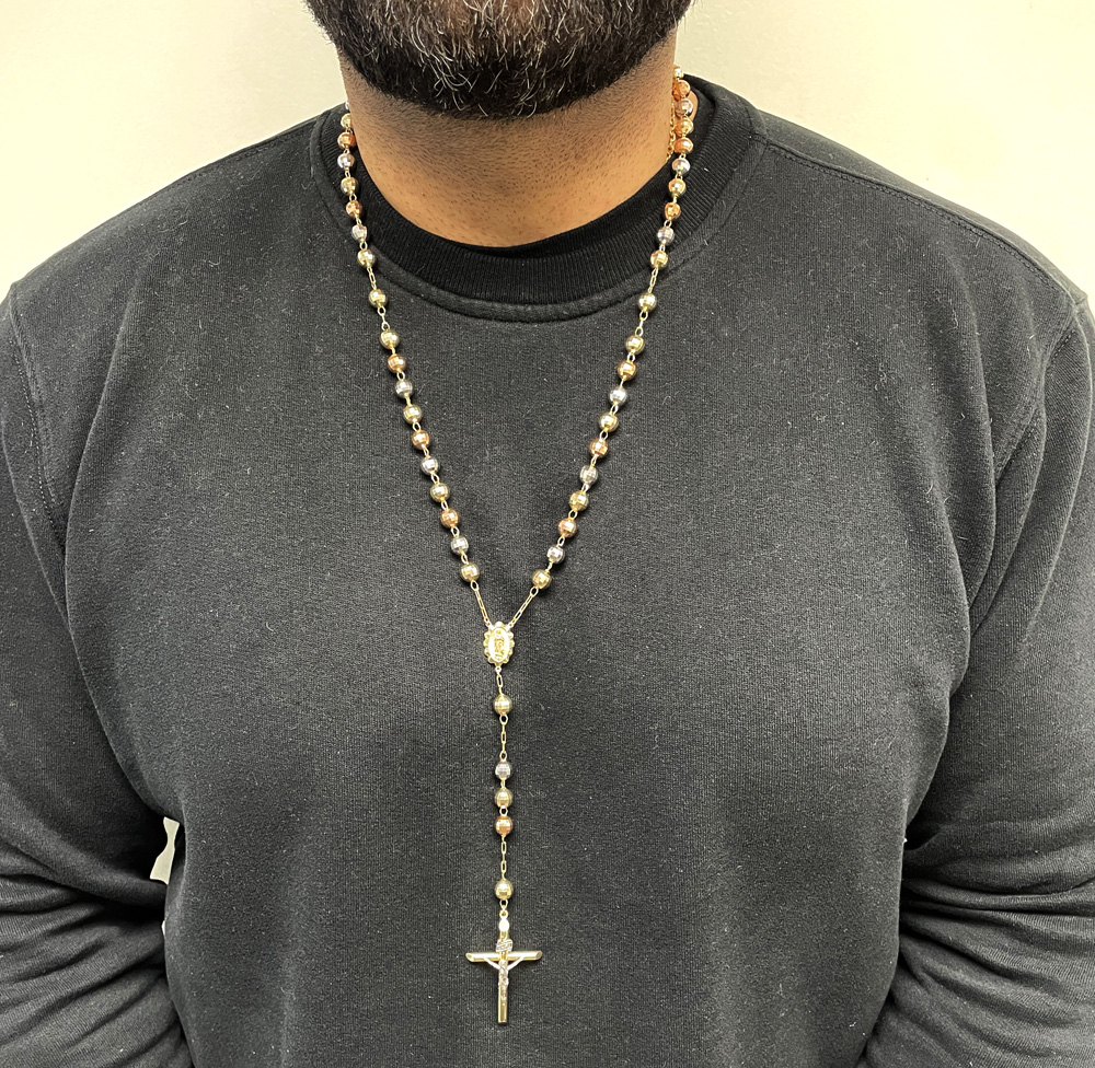 Rosary necklace 14k tri color gold diamond cut beads 30 inches 8mm - Image 7