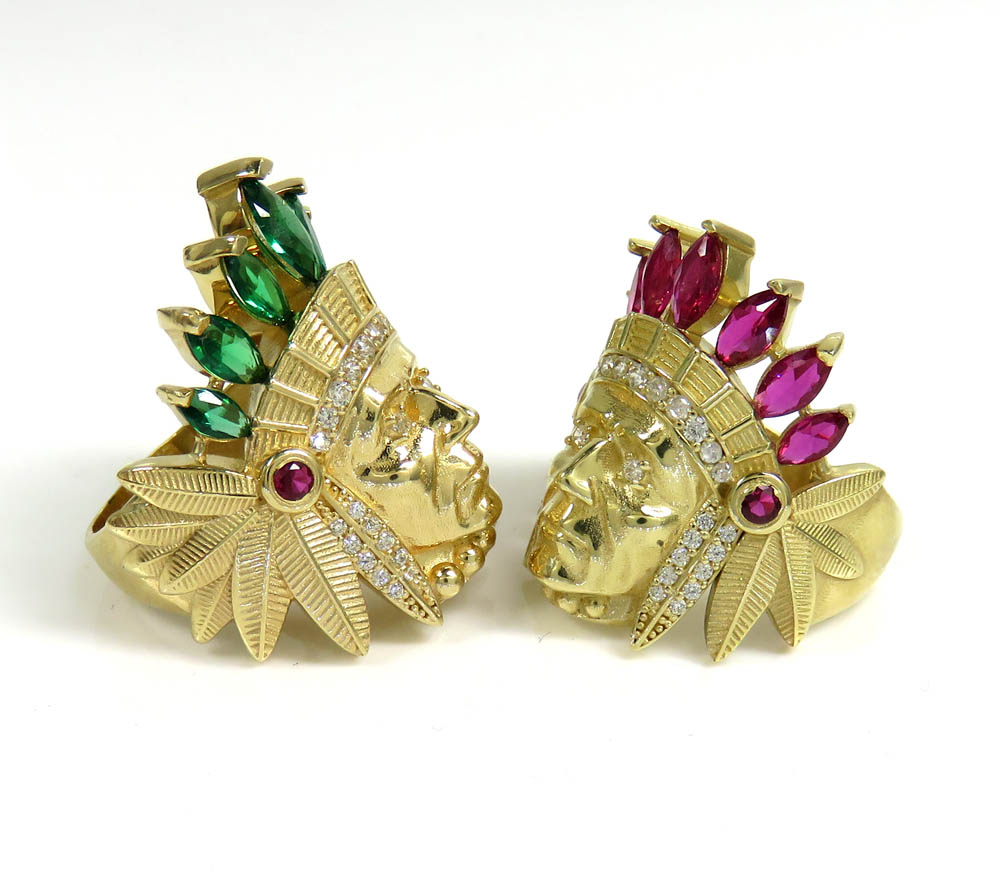 14k yellow gold medium ruby or large green indian chief ring  - Image 2