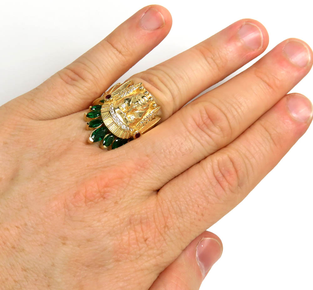 14k yellow gold medium ruby or large green indian chief ring  - Image 4
