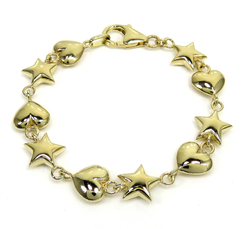 14k gold 10mm solid puff heart & star bracelet 7