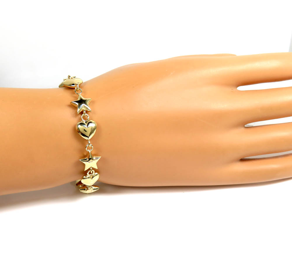 14k gold 10mm solid puff heart & star bracelet 7