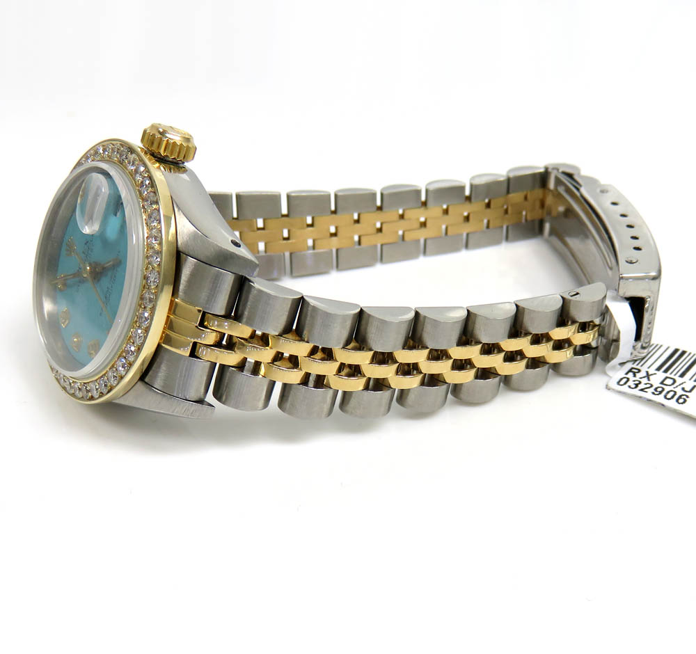 Ladies rolex datejust diamond bezel watch 26mm turquoise dial 1.10ct ref. 69173