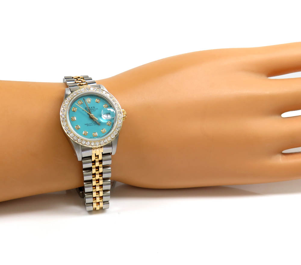 Ladies rolex datejust diamond bezel watch 26mm turquoise dial 1.10ct ref. 69173