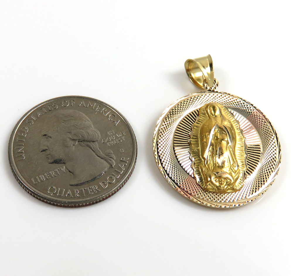 14k solid gold yellow gold jesus sagrado corazon & virgin mary double sided pendant - Image 3