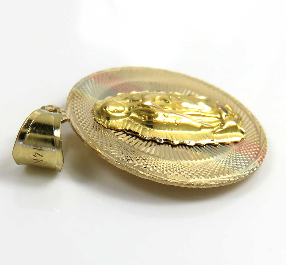 14k solid gold yellow gold jesus sagrado corazon & virgin mary double sided pendant - Image 4