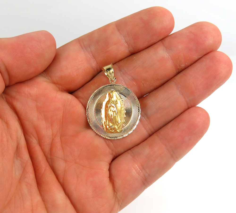 14k solid gold yellow gold jesus sagrado corazon & virgin mary double sided pendant - Image 5