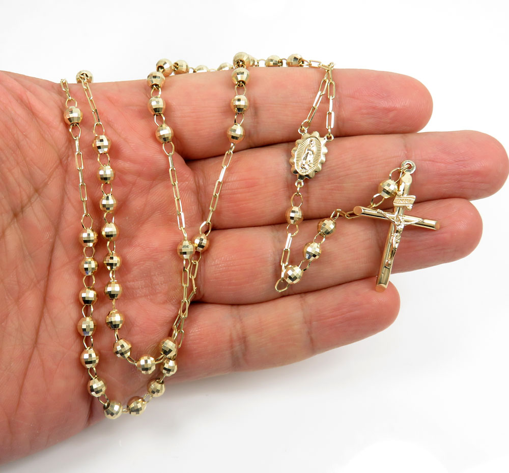 14k yellow gold diamond cut rosary 24 inch 3.8mm