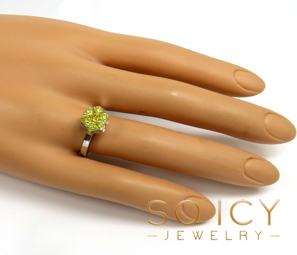 1.00ct ladies 14k solid white gold canary round cut flower ring