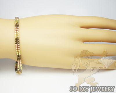2 row 14k chocolate & pink bead diamond cut italian gold bracelet