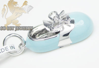 14k white gold baby blue enamel diamond baby shoe pendant 0.01ct