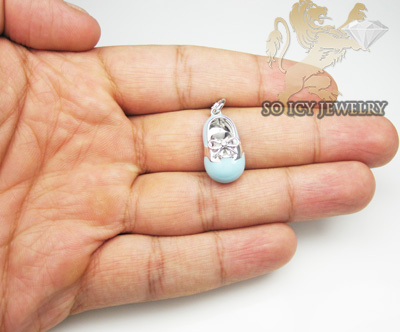 14k white gold baby blue enamel diamond baby shoe pendant 0.01ct