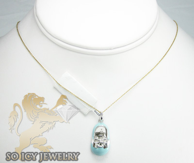 14k white gold baby blue enamel diamond baby shoe pendant 0.01ct