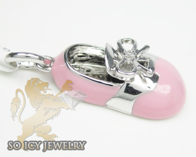 14k white gold pink enamel diamond baby shoe pendant 0.01ct - Image 2