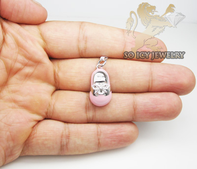 14k white gold pink enamel diamond baby shoe pendant 0.01ct