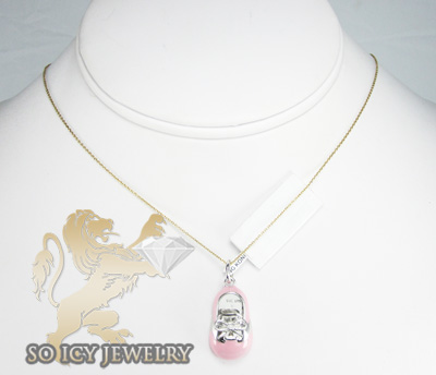 14k white gold pink enamel diamond baby shoe pendant 0.01ct