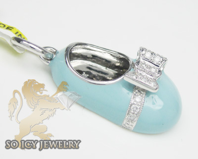 14k white gold baby blue enamel diamond baby shoe pendant 0.15ct