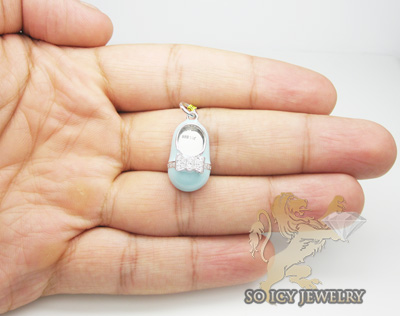 14k white gold baby blue enamel diamond baby shoe pendant 0.15ct