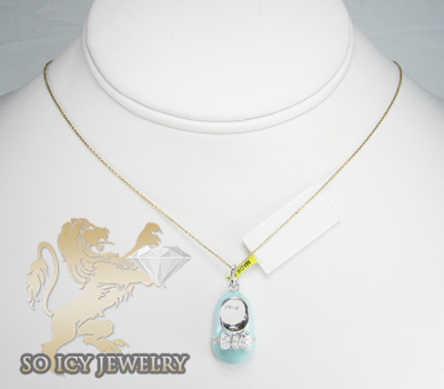14k white gold baby blue enamel diamond baby shoe pendant 0.15ct