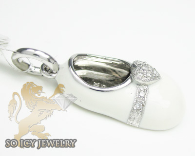 14k white gold white enamel diamond baby shoe pendant 0.07ct