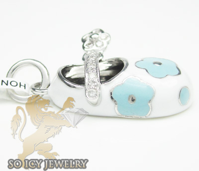 14k white & blue flower enamel diamond baby shoe pendant 0.09ct