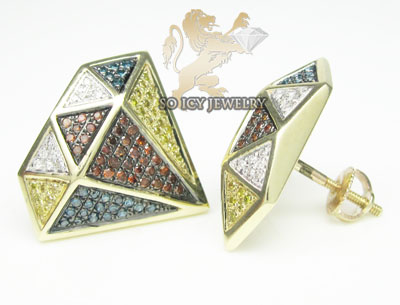 10k yellow gold diamond shape red blue canary & white diamond earrings 0.70ct