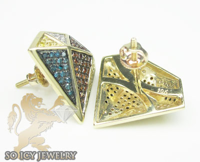 10k yellow gold diamond shape red blue canary & white diamond earrings 0.70ct