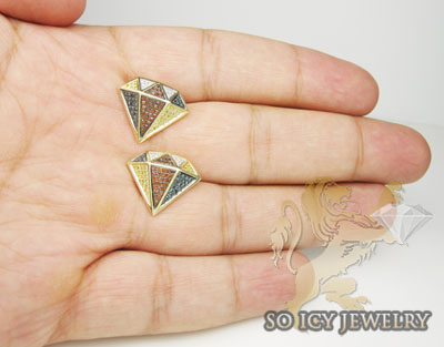 10k yellow gold diamond shape red blue canary & white diamond earrings 0.70ct