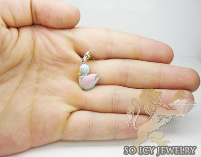 Diamond swan pendant 14k white gold yellow, baby blue & pink enamel 0.02ct