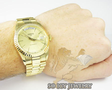Mens 14k yellow gold geneve automatic watch