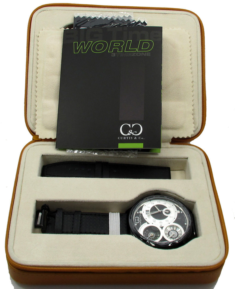 Curtis & co black stainless steel mens watch 3 time zone