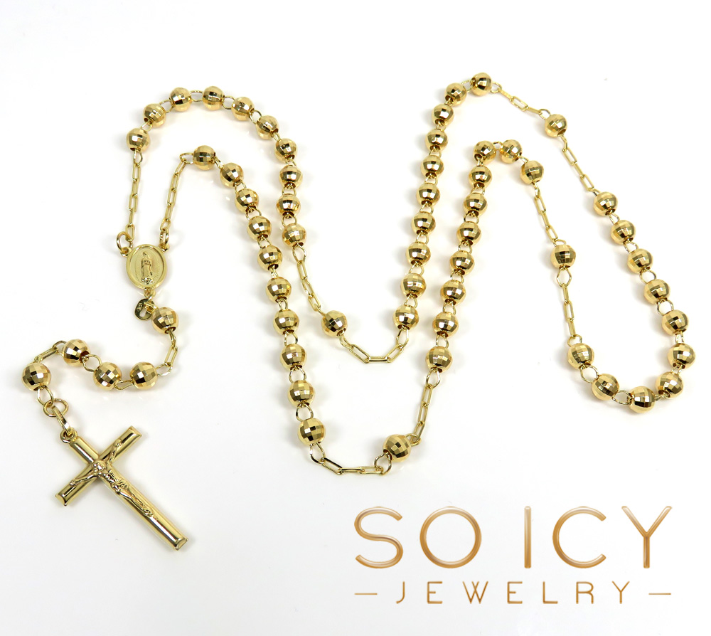 Rosary necklace 14k yellow gold diamond cut beads 26 inches 6mm - Image 2