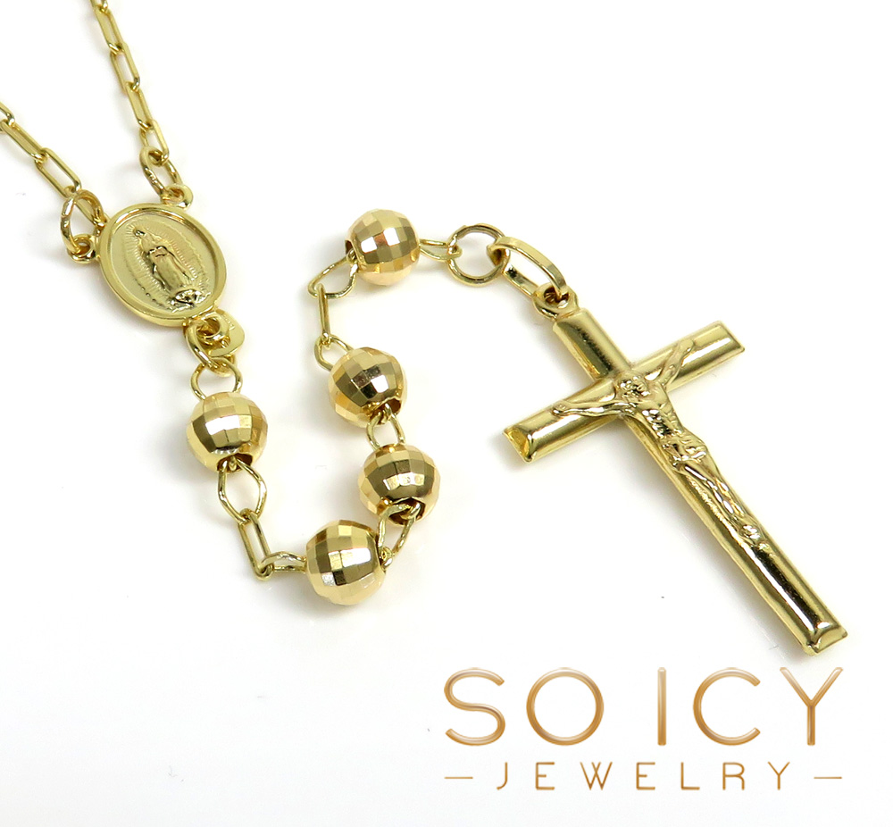 Rosary necklace 14k yellow gold diamond cut beads 30 inches 5.80mm