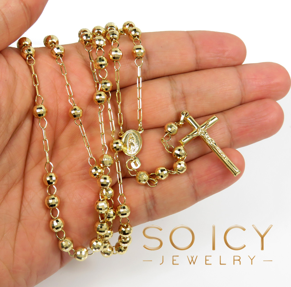 Rosary necklace 14k yellow gold diamond cut beads 26 inches 6mm - Image 5