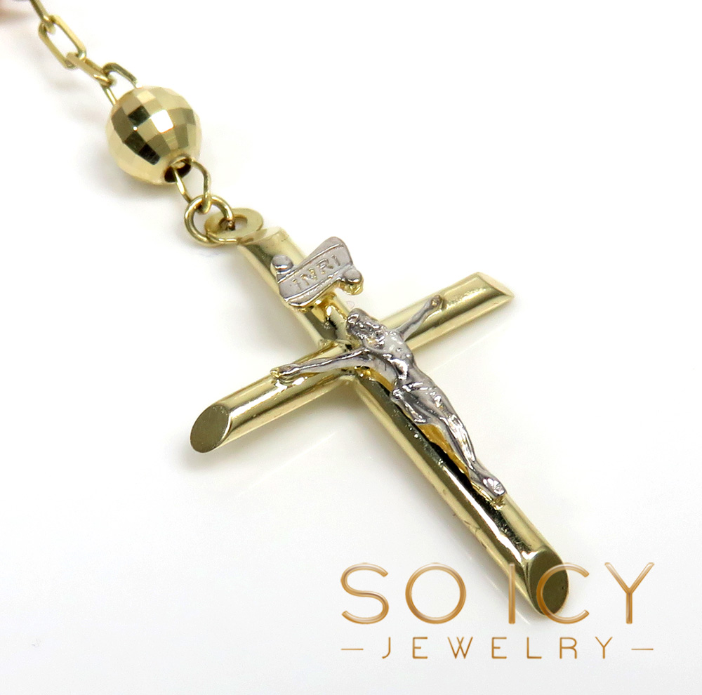 Rosary necklace 14k tri color gold diamond cut beads 26 inches 6mm - Image 3