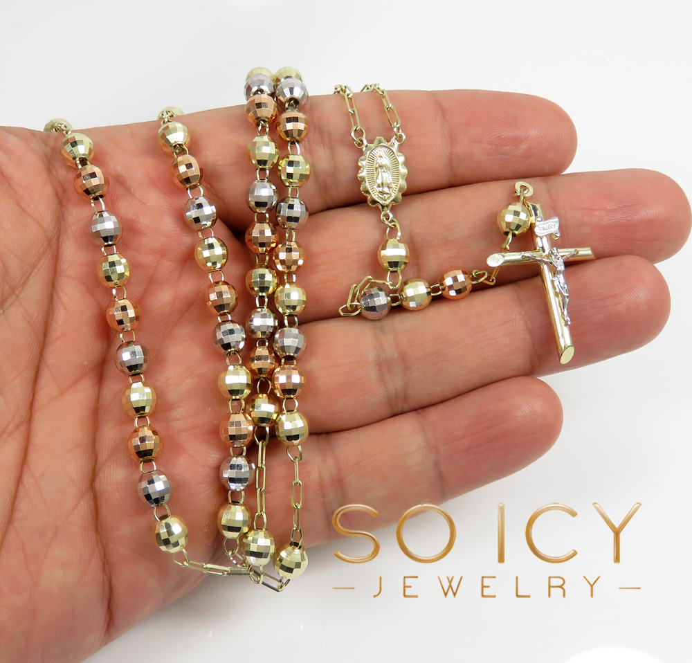 Rosary necklace 14k tri color gold diamond cut beads 26 inches 6mm - Image 6