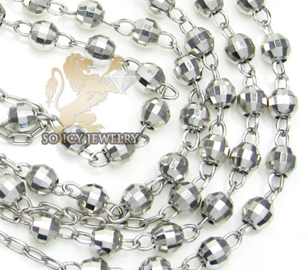 Rosary necklace 14k white gold diamond cut beads 29.50 inches 3.8 mm