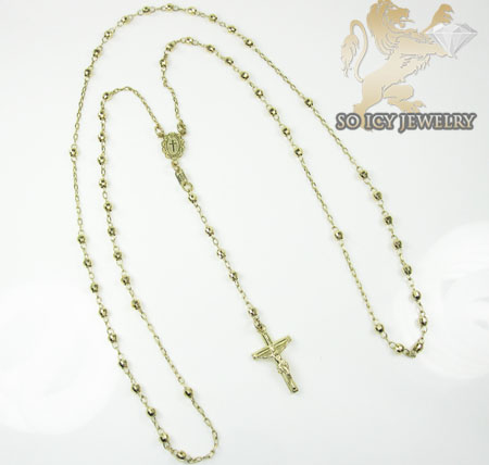 Rosary necklace 14k yellow gold diamond cut beads 29 inches 3mm
