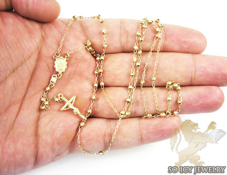 Rosary necklace 14k yellow gold diamond cut beads 29 inches 3mm