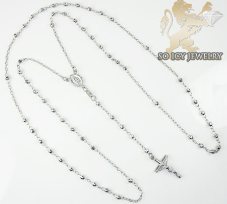 Rosary necklace 14k white gold diamond cut beads 29 inches 3mm