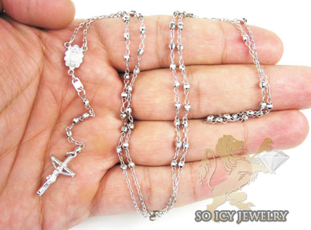 Rosary necklace 14k white gold diamond cut beads 29 inches 3mm