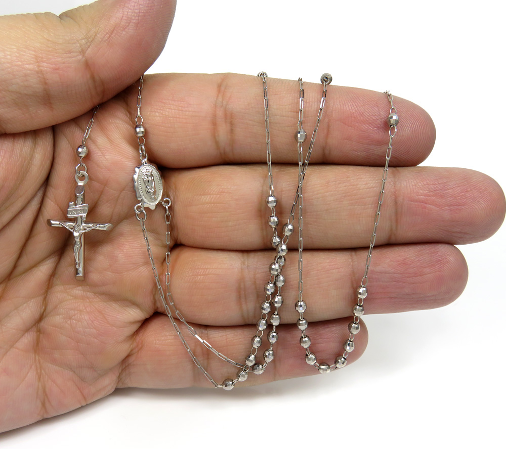 Rosary necklace 14k white gold diamond cut beads 26 inches 2.8mm - Image 5
