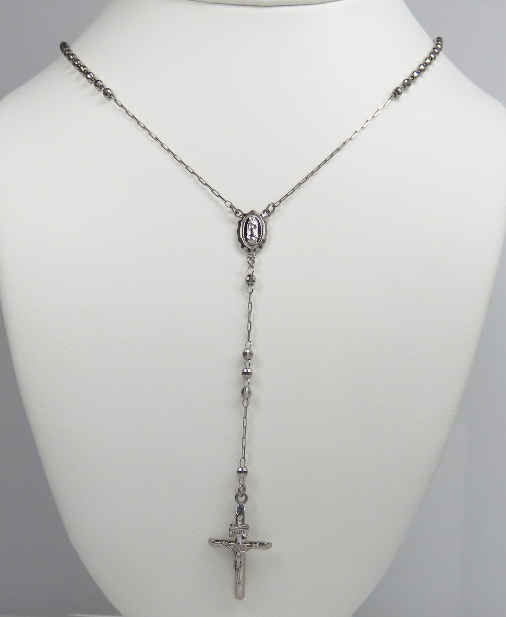 Rosary necklace 14k white gold diamond cut beads 26 inches 2.8mm - Image 6