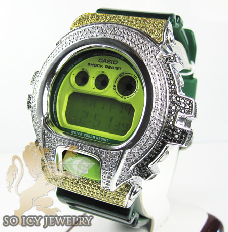 Mens silver g-shock diamond neon green watch 4.00ct