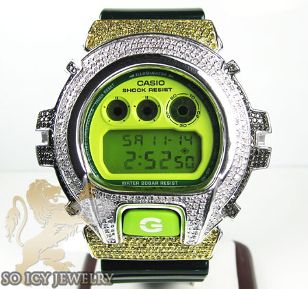 Mens silver g-shock diamond neon green watch 4.00ct