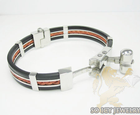 White stainless steel red & black rubber bracelet